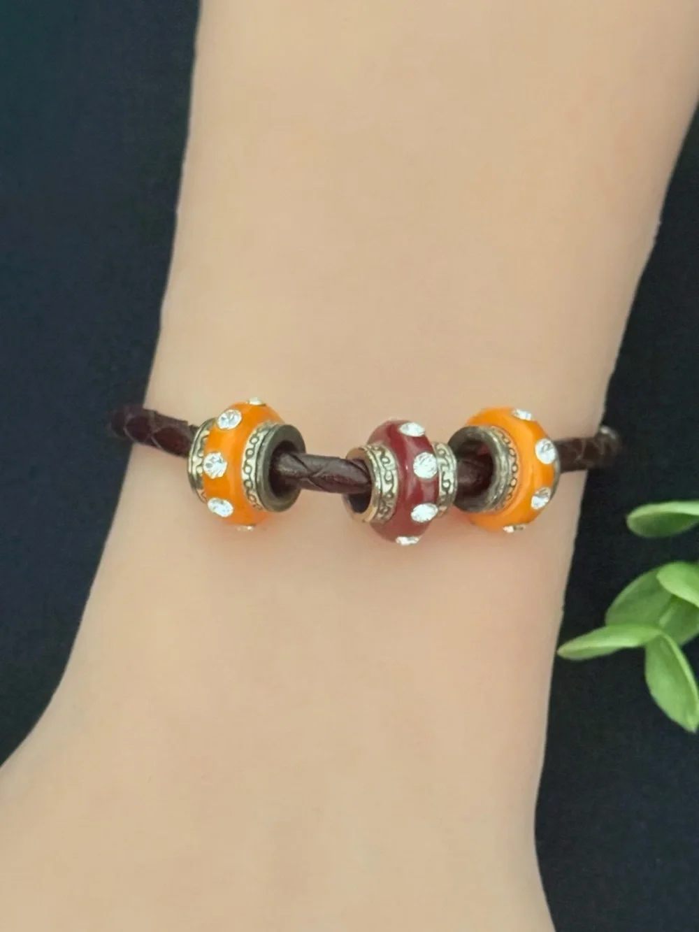 Brighton Orange and‎ Plum Bead Braided Leather Bracelet
